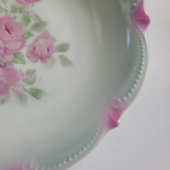 Koenigszelt Silesia Serving Bowl 9 Inch Pink Roses Green Leaves Beaded Boarder - Picture 7 of 15